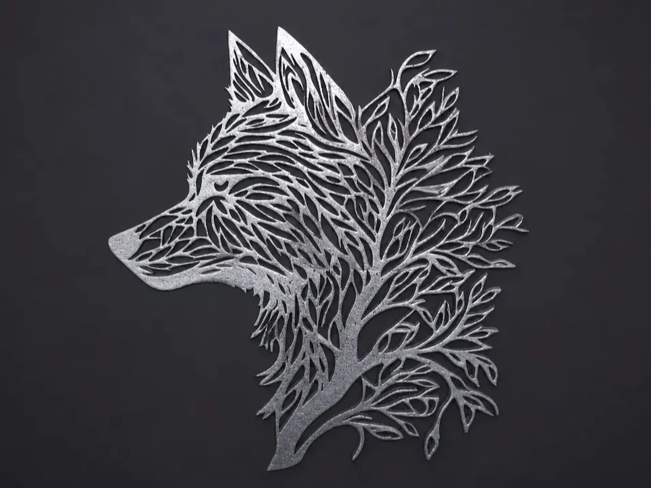 [Laser cut and engrave] Decorazione da parete in metallo con profilo di lupo e rami