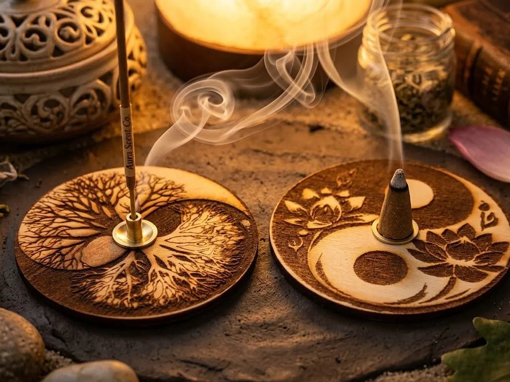 Porte-encens rond en bois avec motifs yin yang arbre et lotus