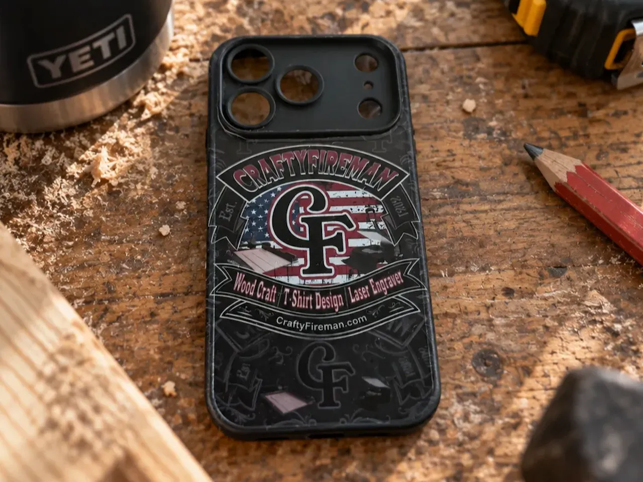 [Laser cut and engrave] CraftyFireman branded protective smartphone case with American flag motif