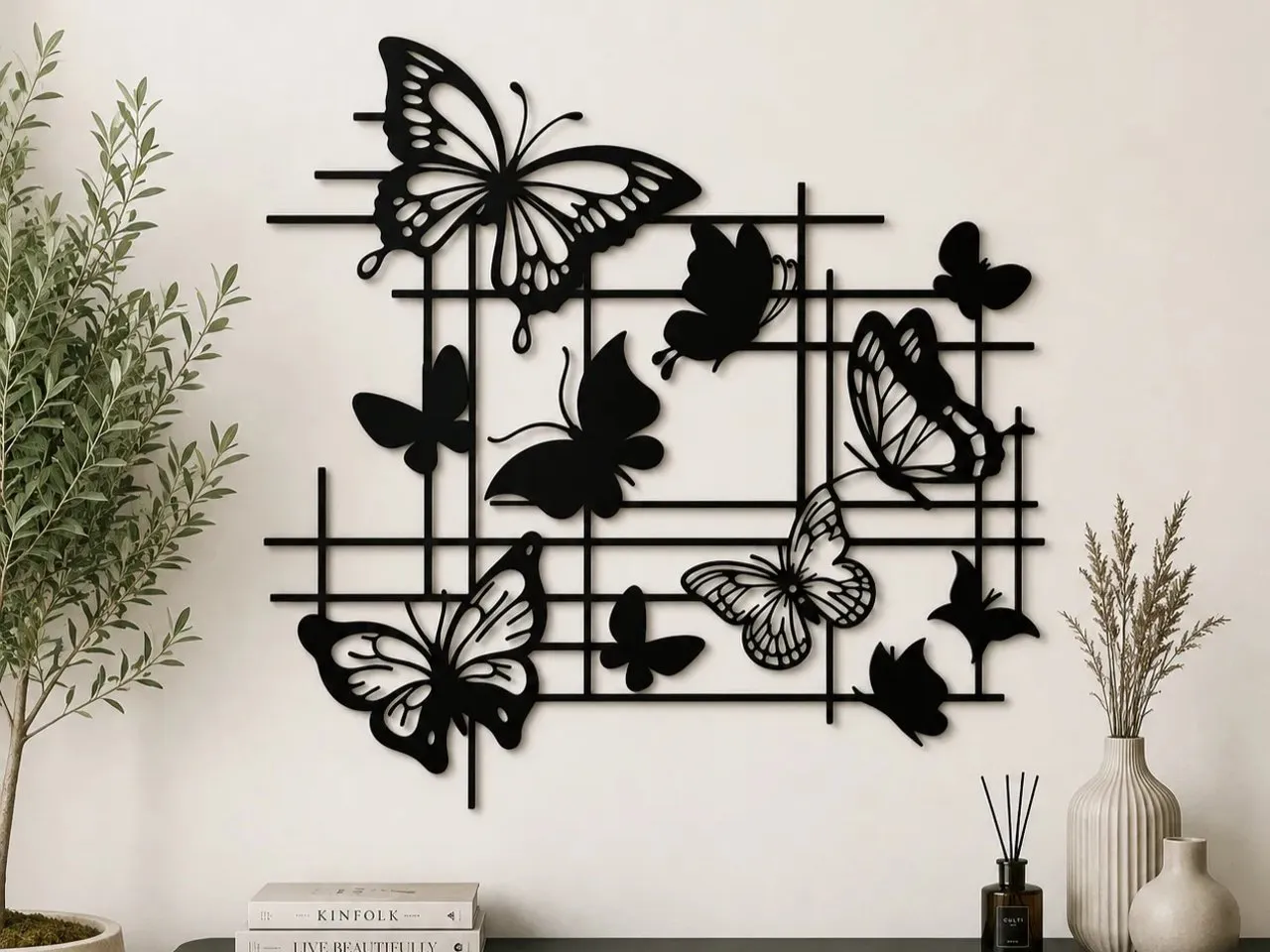 [Laser cut and engrave] Black Butterfly Wall Art Grid Panel