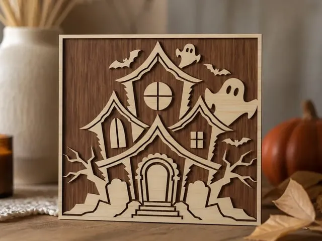Layered Wooden Haunted House Halloween Wall Art
