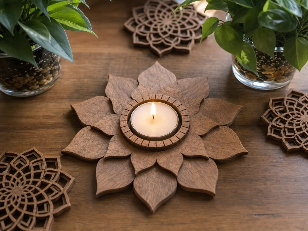 Bougeoir en bois en forme de fleur de lotus