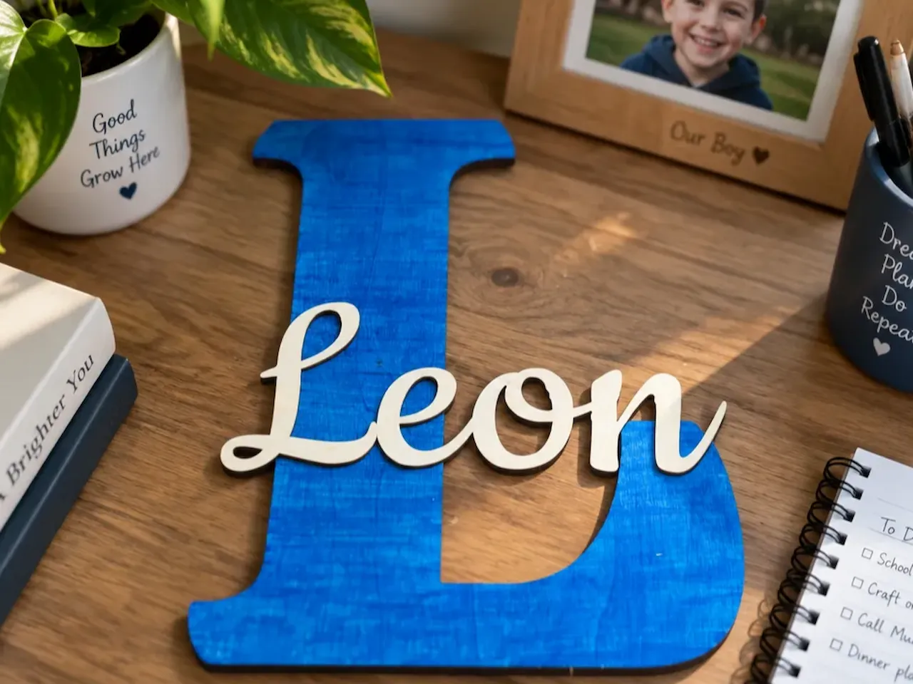 [Laser cut and engrave] Blue Letter L Monogram with Leon Name Sign