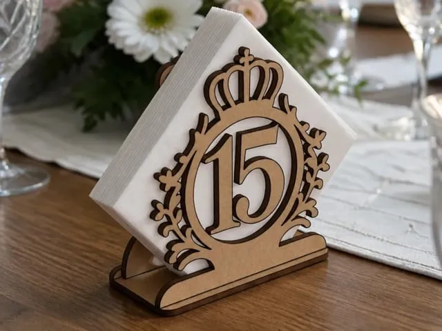 Servilletero con corona y número quince para fiesta de quinceañera