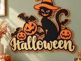 [Laser cut and engrave] Three-Layer Witch Cat Halloween Sign | 3 mm Plywood