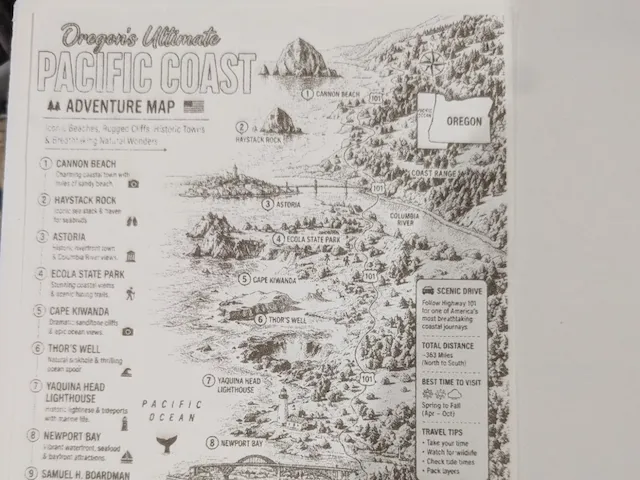 Oregon Pacific Coast Adventure Map Featuring Highway 101 Landmarks