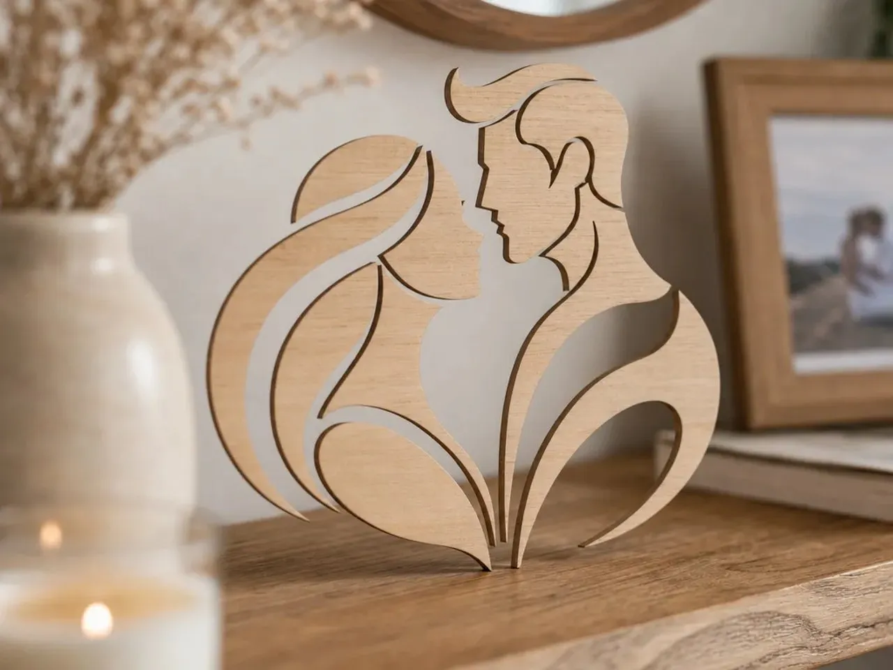 [Laser cut and engrave] Minimalist Wooden Couple Silhouette Tabletop Sculpture