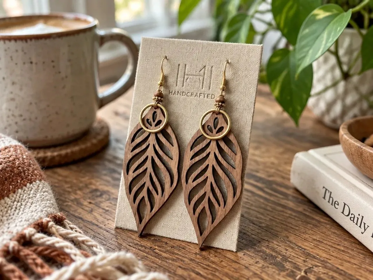 [Laser cut and engrave] anting kayu motif daun dengan aksen cincin emas