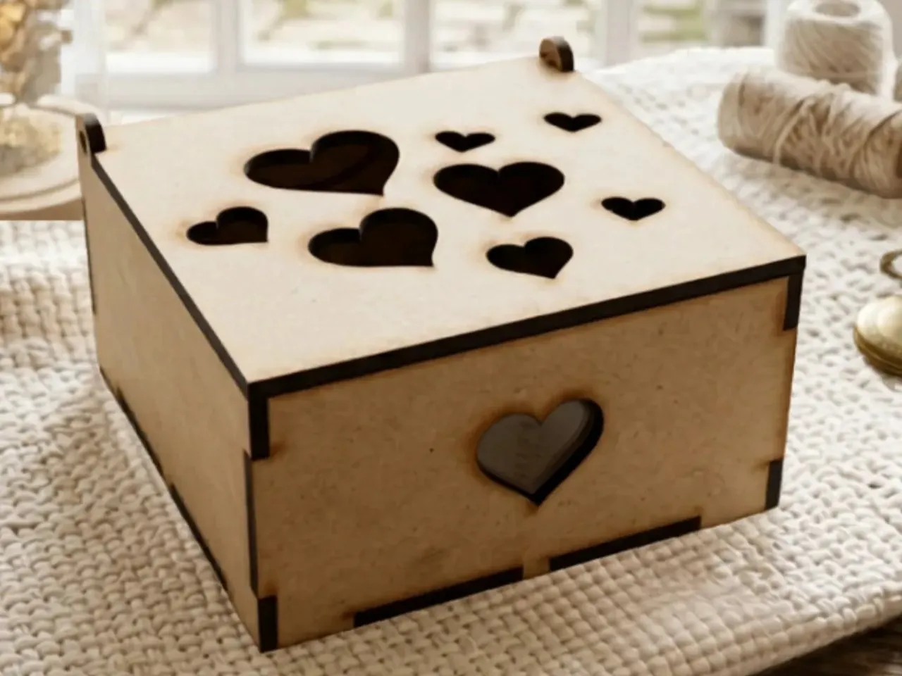 [Laser cut and engrave] Caja de madera con corazones calados para almacenamiento