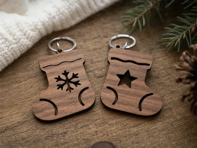 Wooden Christmas Stocking Keychains with Snowflake and Star Cutouts