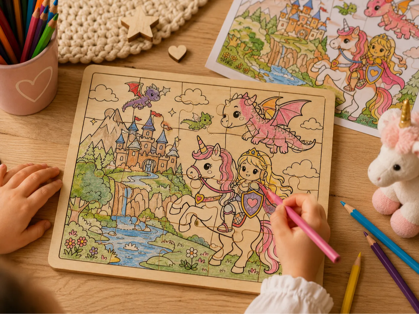 Puzzle en bois Fantasy Kawaii – Château, Dragons et Chevalière sur Licorne – Gravure Laser – Puzzle enfant à colorier