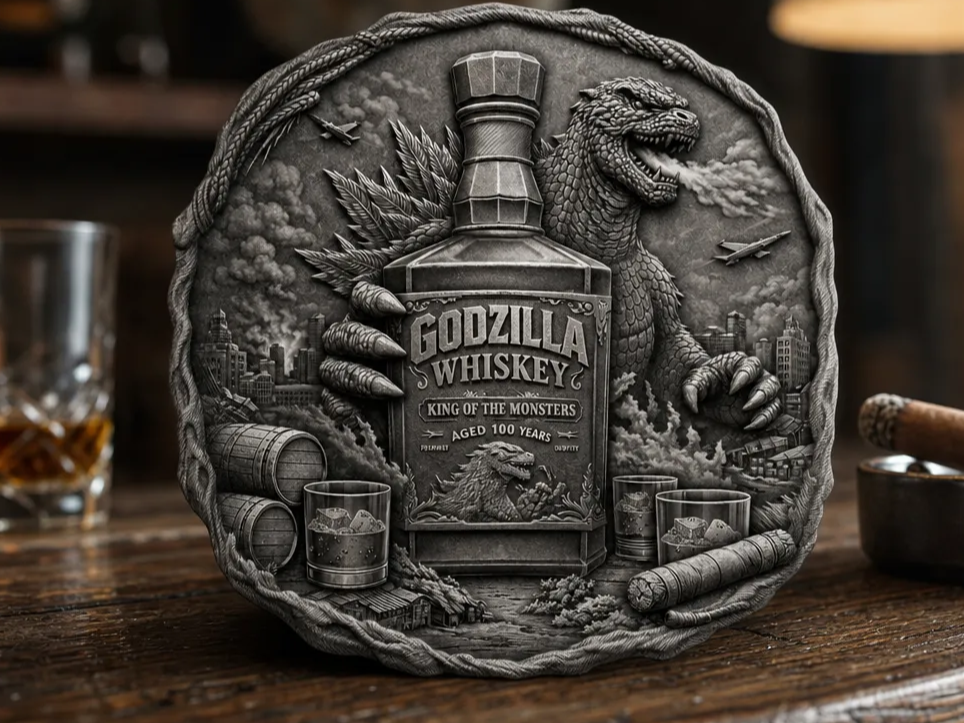 Godzilla Whiskey Themed Relief Coaster or Wall Plaque