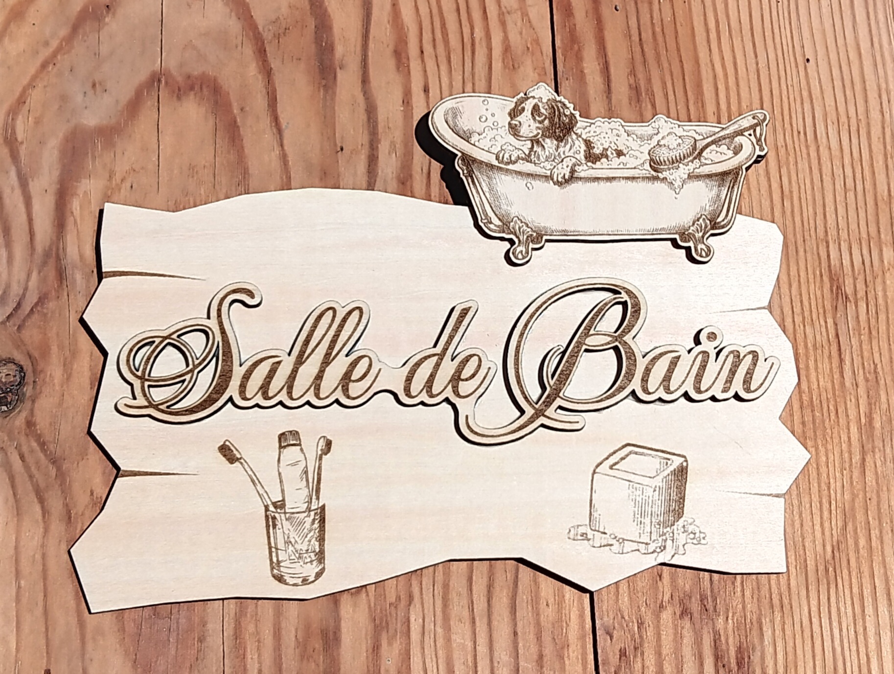 [Laser cut and engrave] Plaque murale en bois Salle de Bain avec illustration de chien dans une baignoire