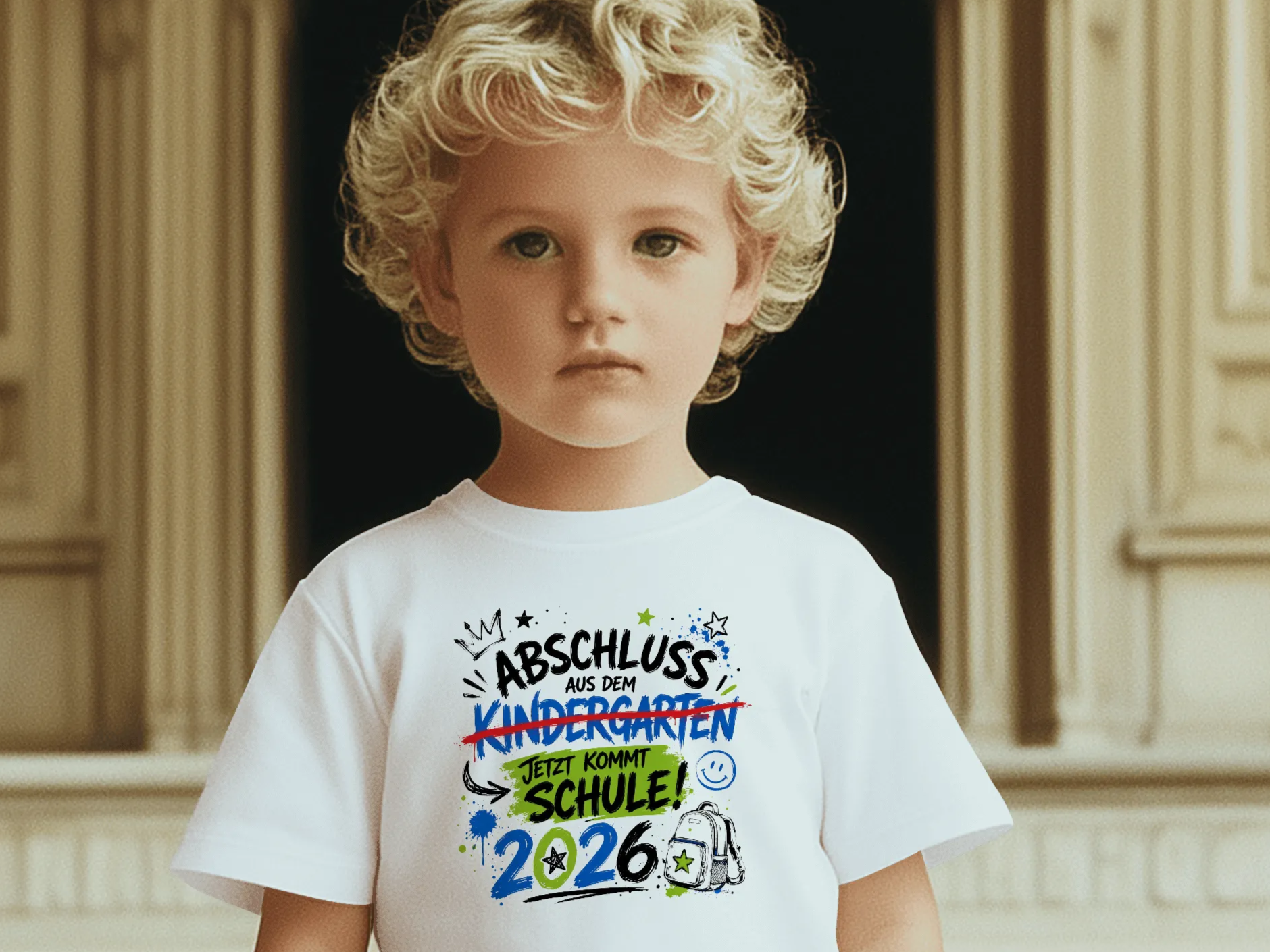 Weißes T-Shirt für den Schulanfang mit Aufdruck Abschluss aus dem Kindergarten 2026