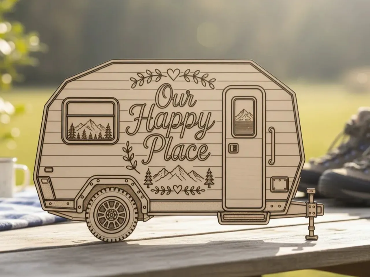 [Laser cut and engrave] Our Happy Place Camper Trailer Wooden Sign