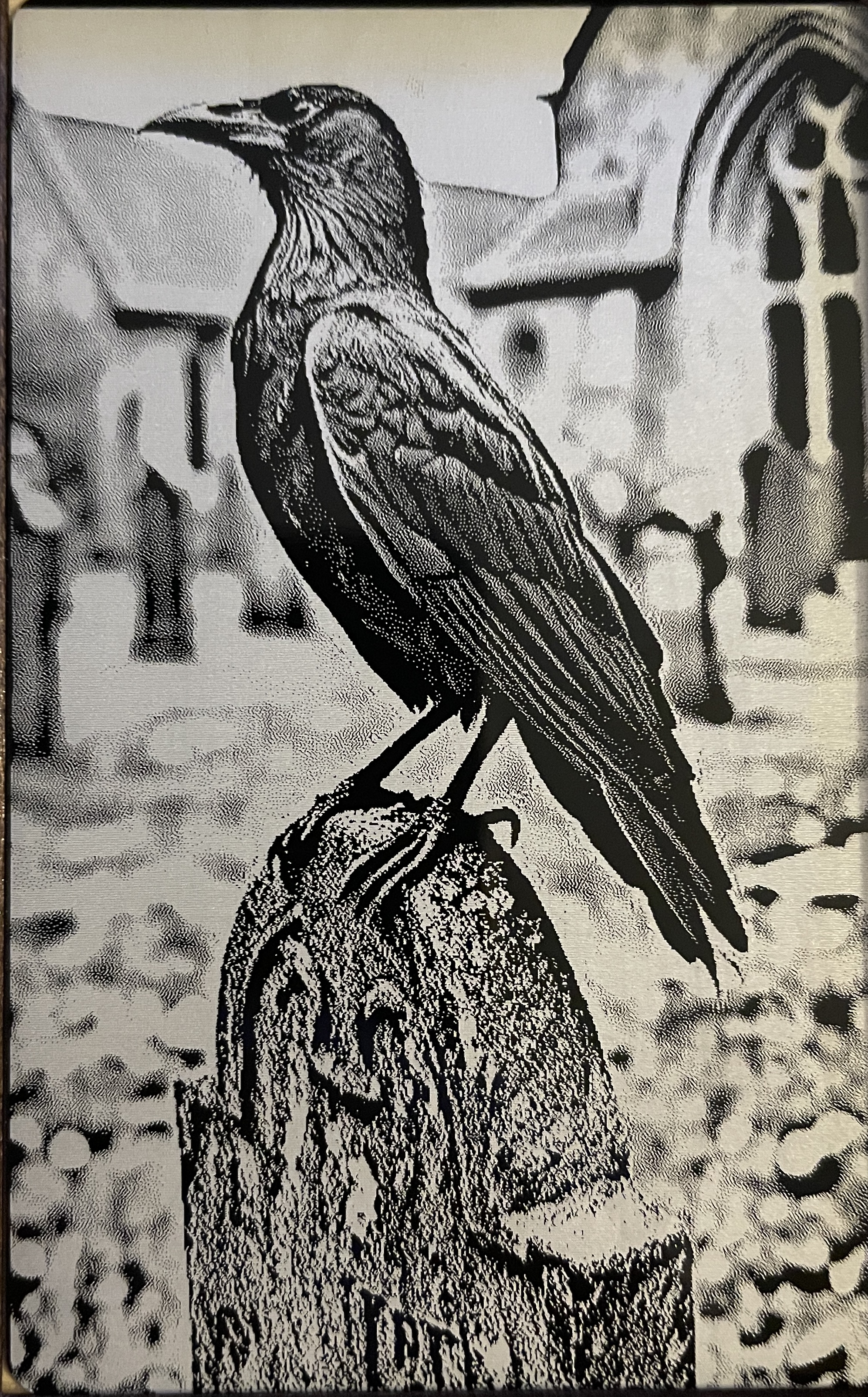 [Laser cut and engrave] Black and white metal plaque featuring a raven perched on a tombstone