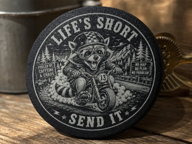 Life's Short Send It Raccoon Biker Round Coaster
