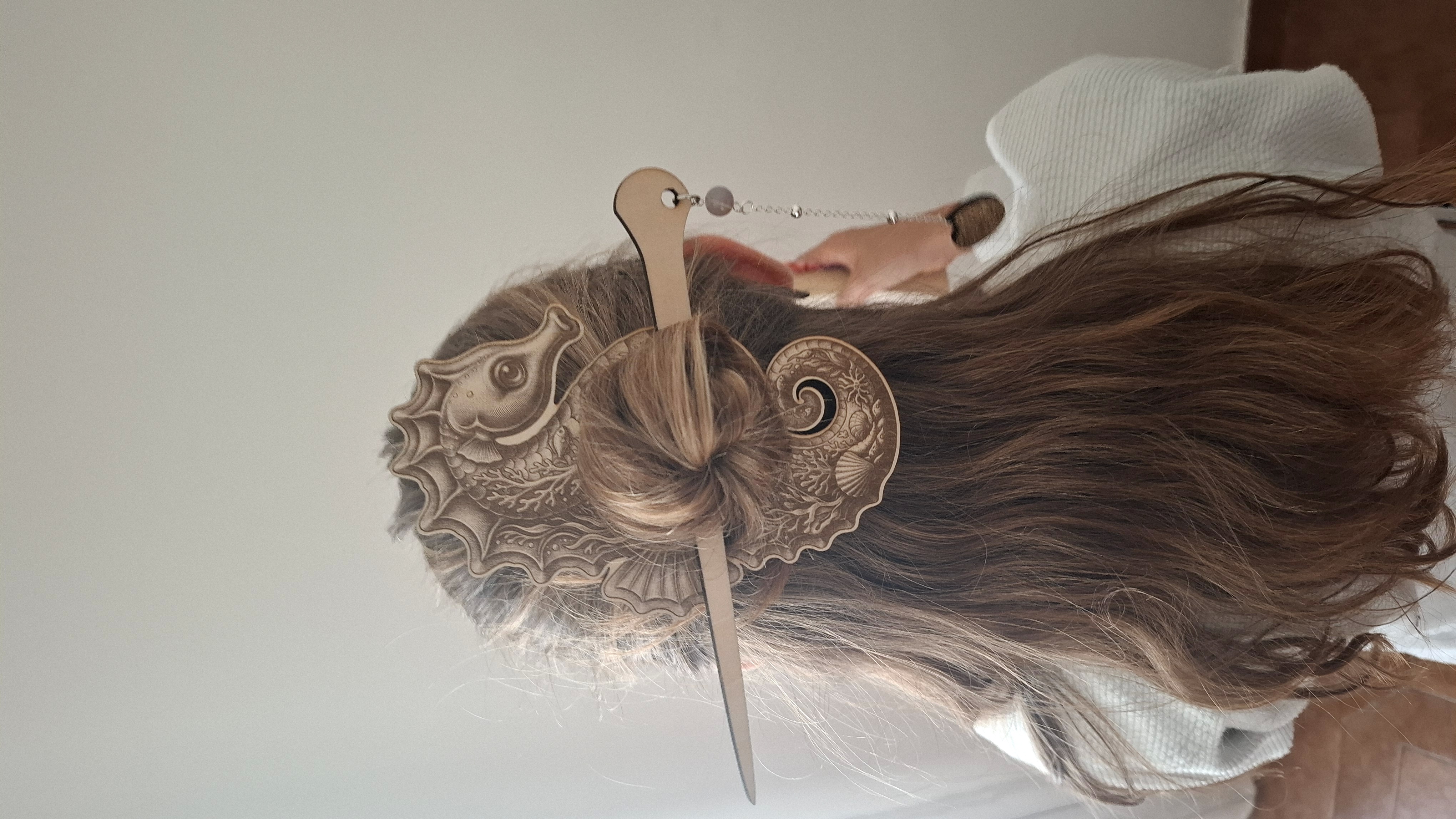 [Laser cut and engrave] Hippocampe Half-Up Hair Holder | Wooden Hair Stick | Laser Cut File | Hair Accessory