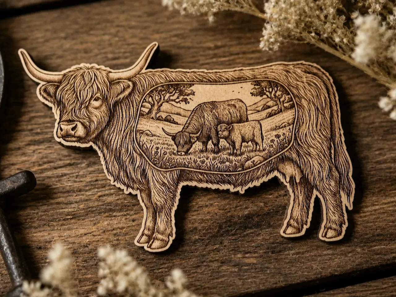 [Laser cut and engrave] Highland Cow Silhouette with Meadow Scene Cutout