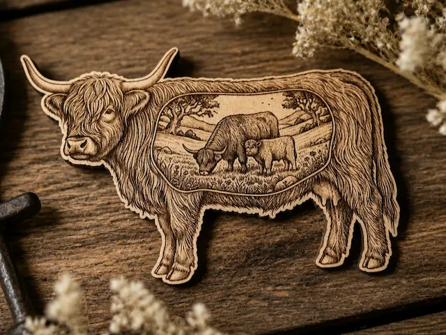 Highland Cow Silhouette with Meadow Scene Cutout