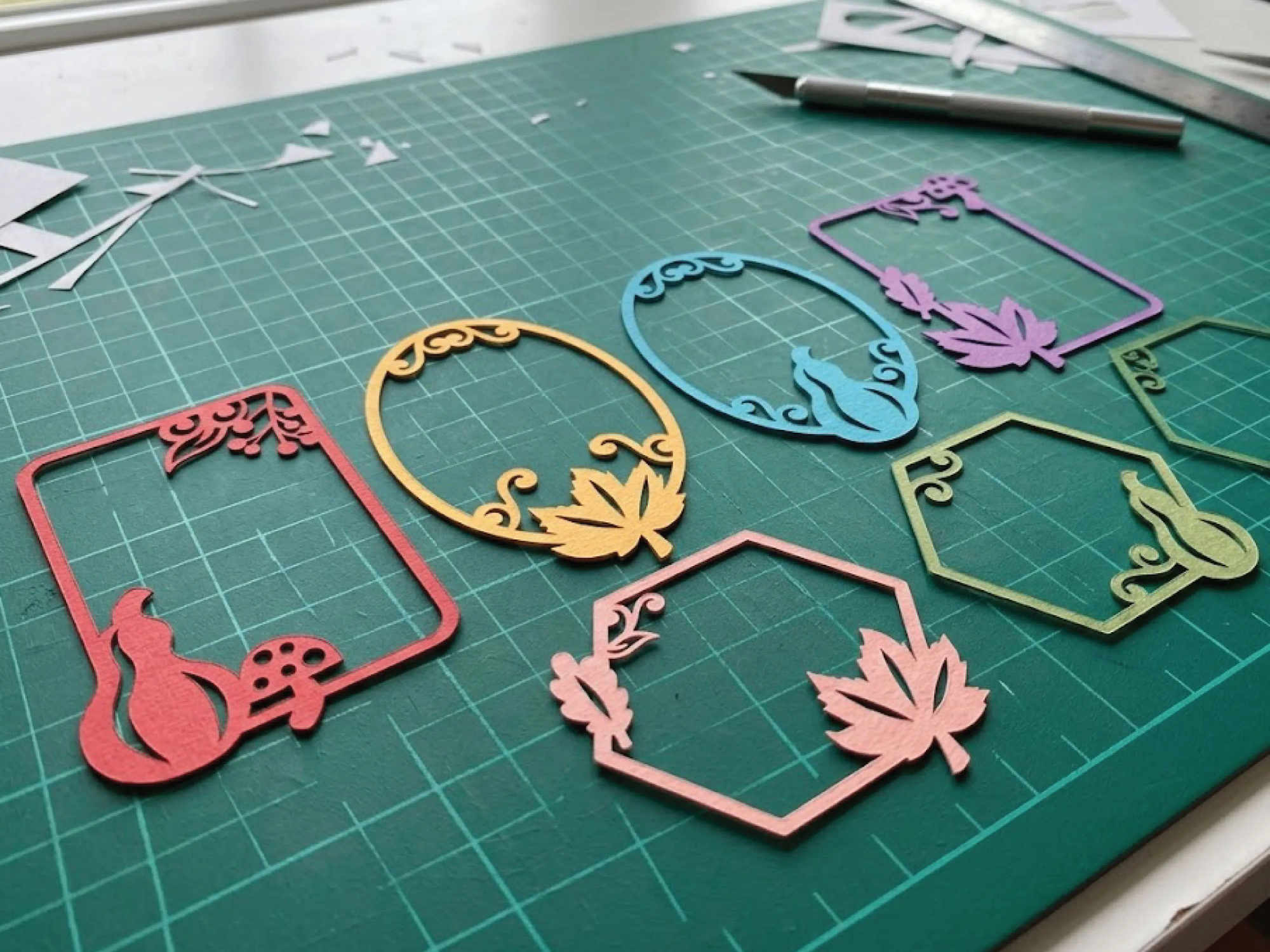Autumnal Geometric Frames with Pumpkin and Leaf Motifs