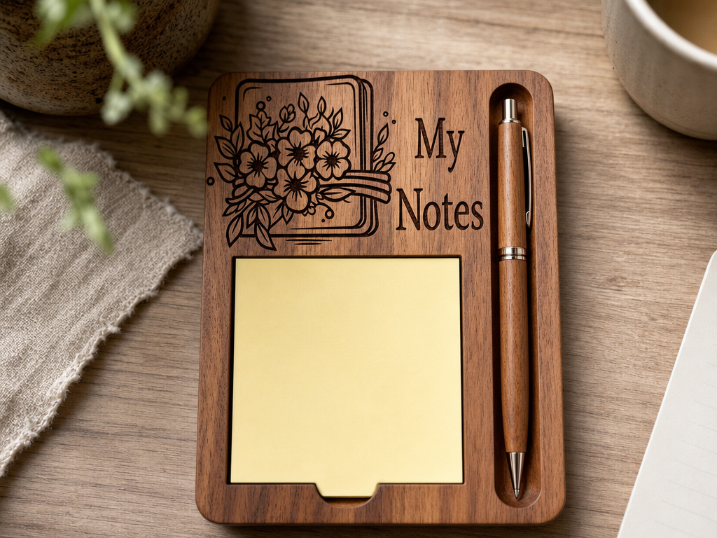 Wooden Sticky Note Holder with Floral Design and Pen holder