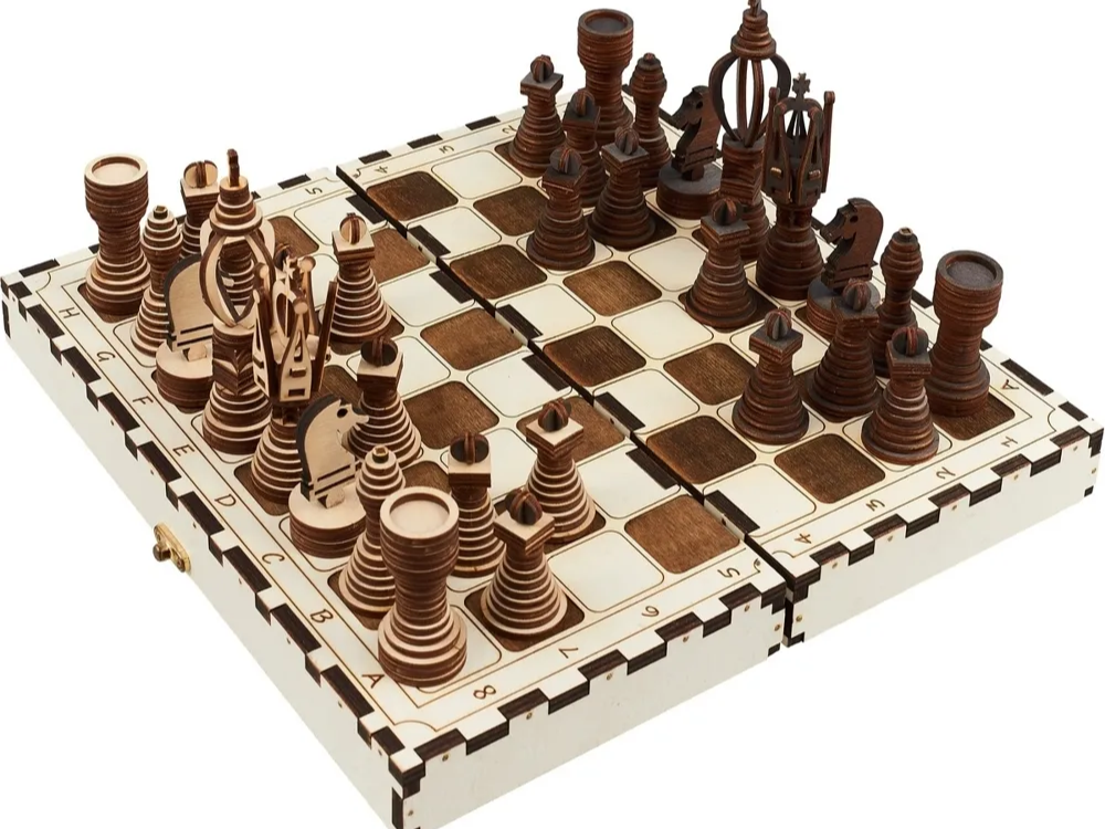 Wooden Chess Set with Intricate Layered Pieces and Folding Board