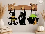 [Laser cut and engrave] Interchangeable Halloween Wall Decor SVG, Witch Hat Black Cat Cauldron Wall Peg Hanging Set of 3, Laser Cut File for Glowforge, CNC