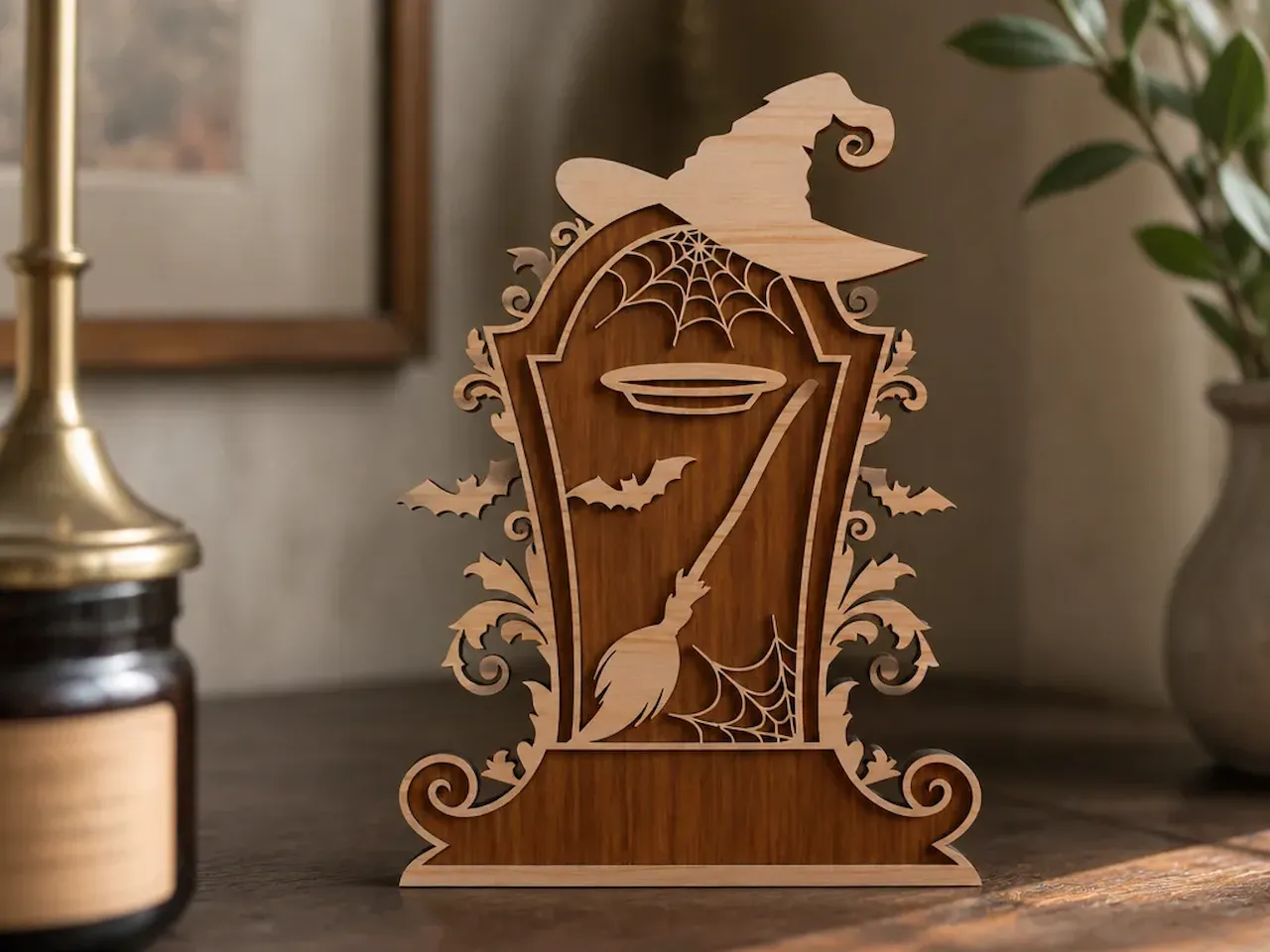 [Laser cut and engrave] Halloween Tombstone Tabletop Sign with Witch Hat and Broomstick Motif