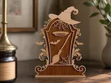 [Laser cut and engrave] Halloween Tombstone Tabletop Sign with Witch Hat and Broomstick Motif