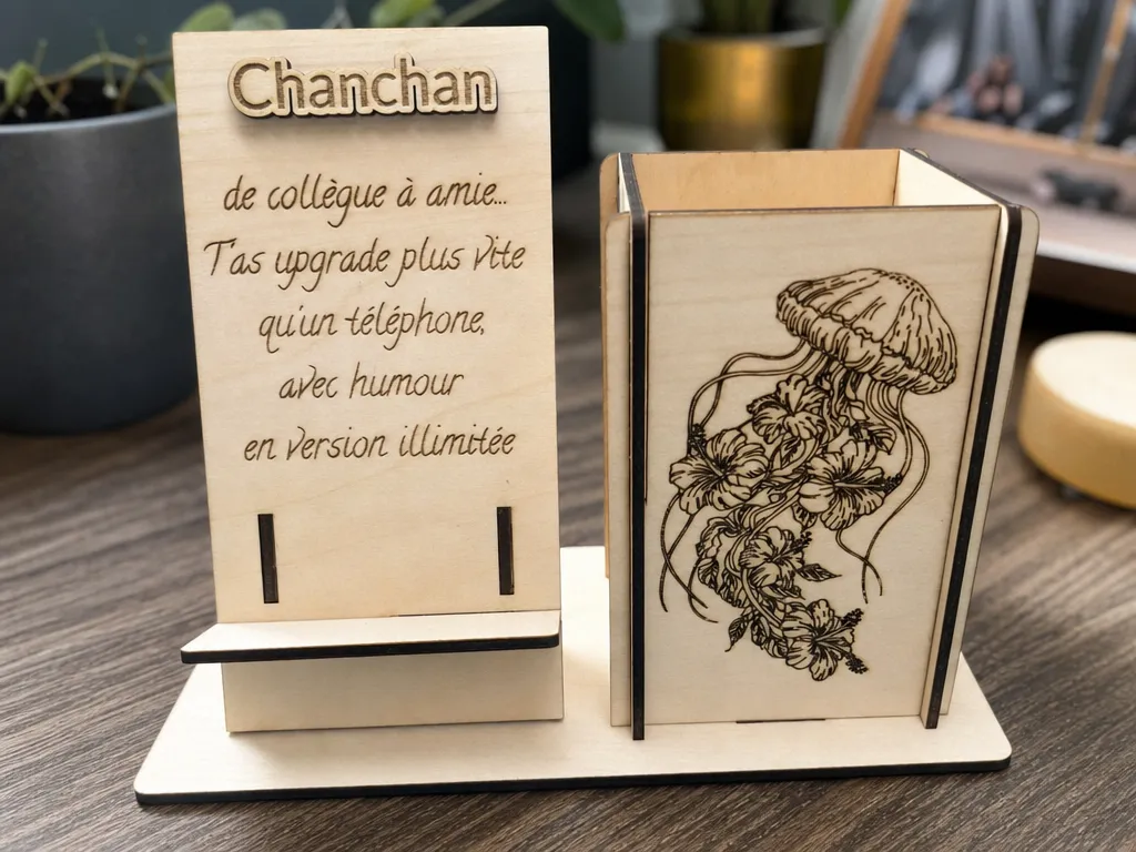 Support de bureau en bois avec porte-stylo et motif méduse