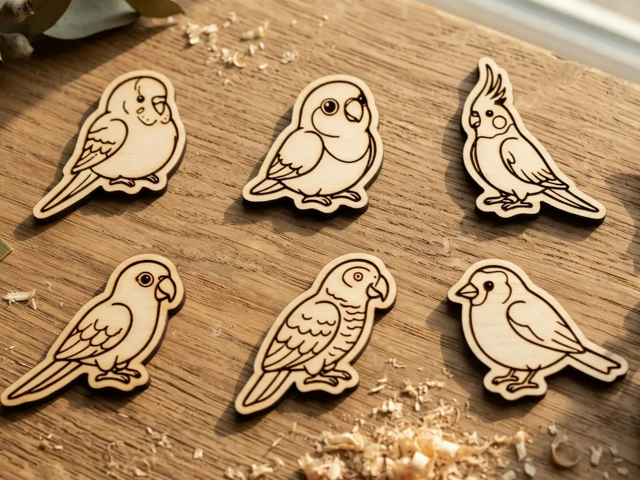 [Laser cut and engrave] Set of Six Wooden Bird Figurines Featuring Various Parrot Species
