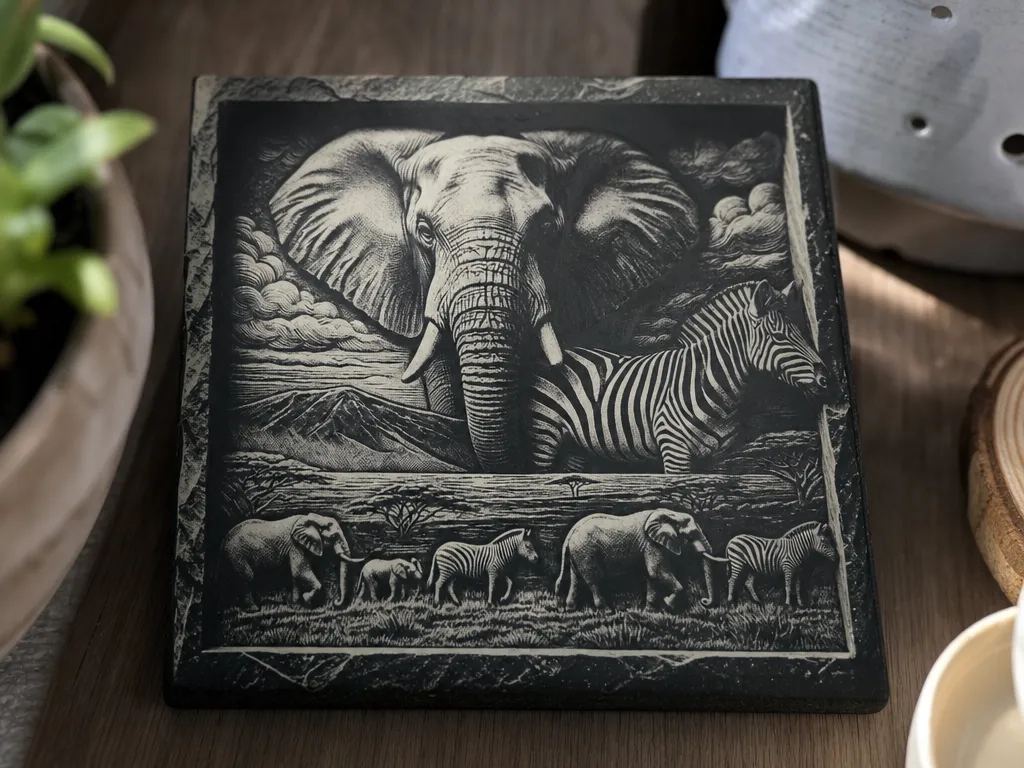 Gravure sur carrelage effet 3D savane africaine éléphant et zèbre