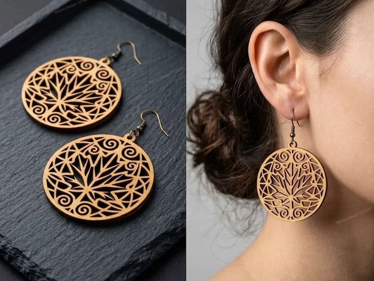 [Laser cut and engrave] Round Maple Leaf Pattern Dangle Earrings