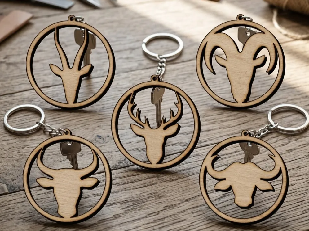 Animal Silhouette Circular Wooden Keychains