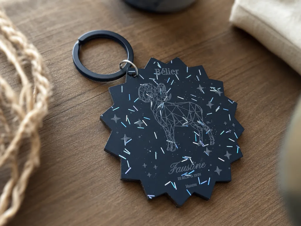 Porte-clés signe astrologique Bélier avec motif géométrique en acrylique