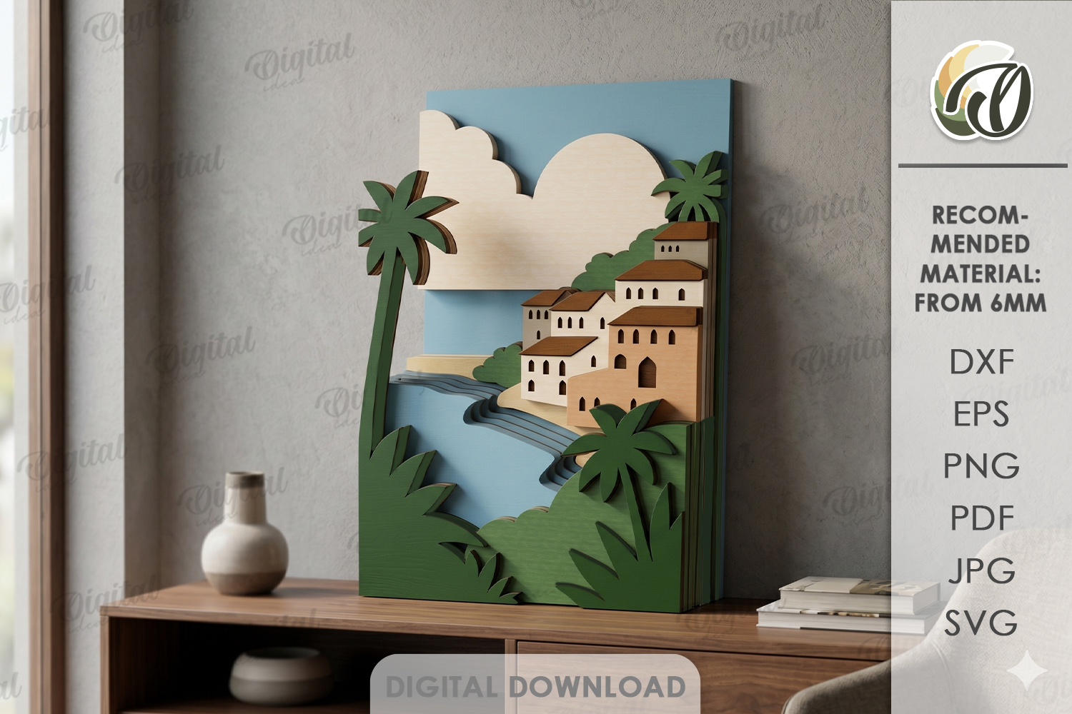 [Laser cut and engrave] 3D Layered Cityscape Decors Bundle. Coastal Village Wall Art Lasercut Files. Mediterranean Urban Shelf sitter. Tropical Architecture. Summer