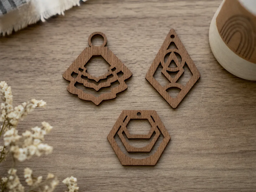 Geometric Wooden Earring Pendants with Cutout Patterns