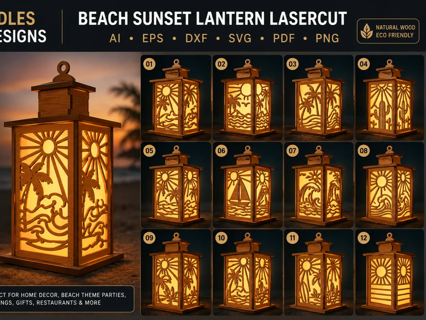 Beach Sunset Themed Wooden Lantern with Tropical Palm Tree and Ocean Wave Cutouts