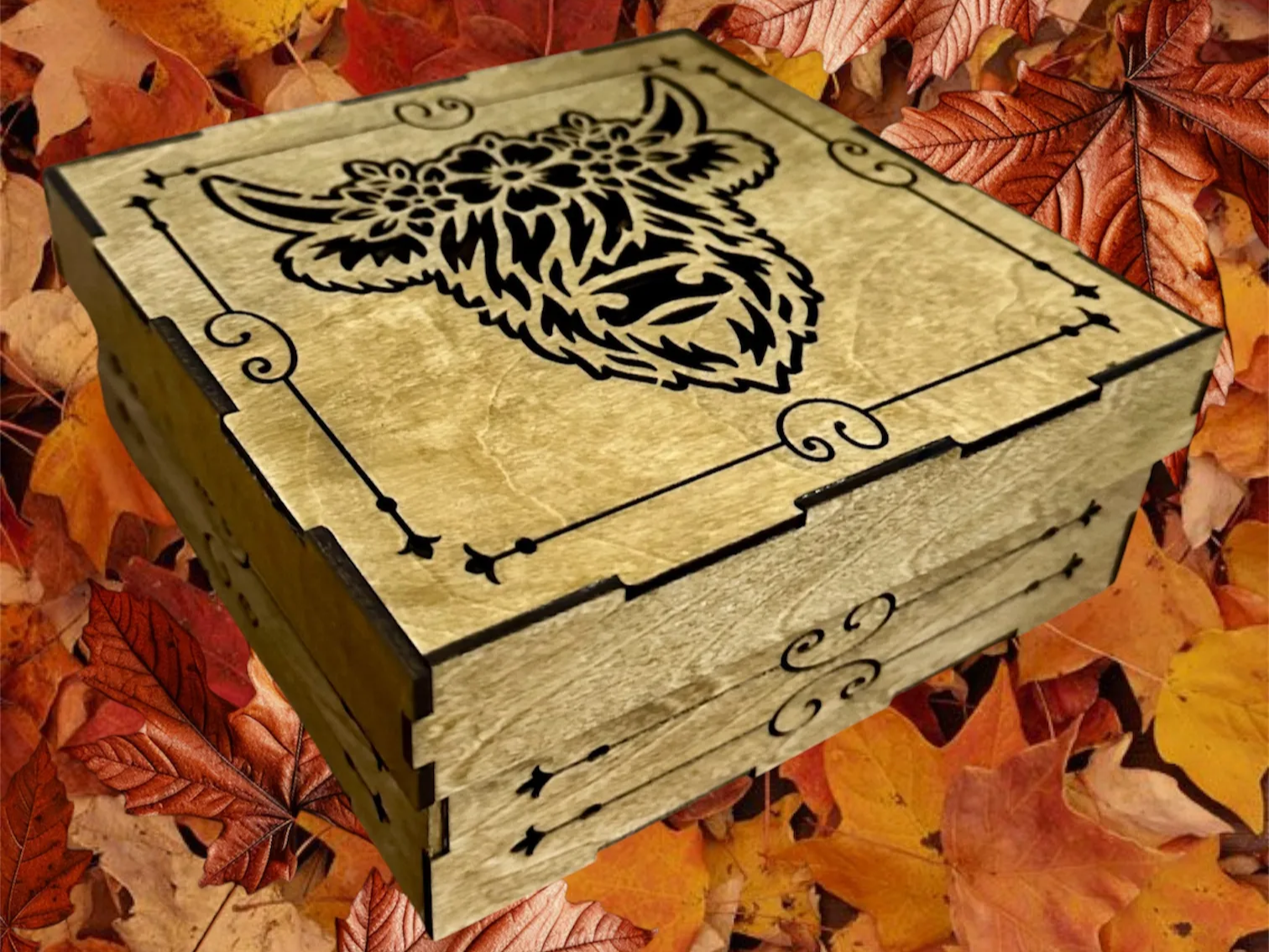 Wooden Keepsake Box Featuring Floral Highland Cow Illustration