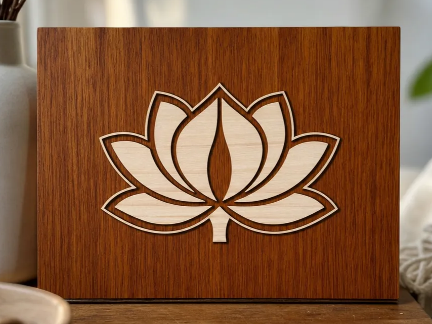 Wooden Wall Art Featuring a Minimalist Lotus Flower Motif
