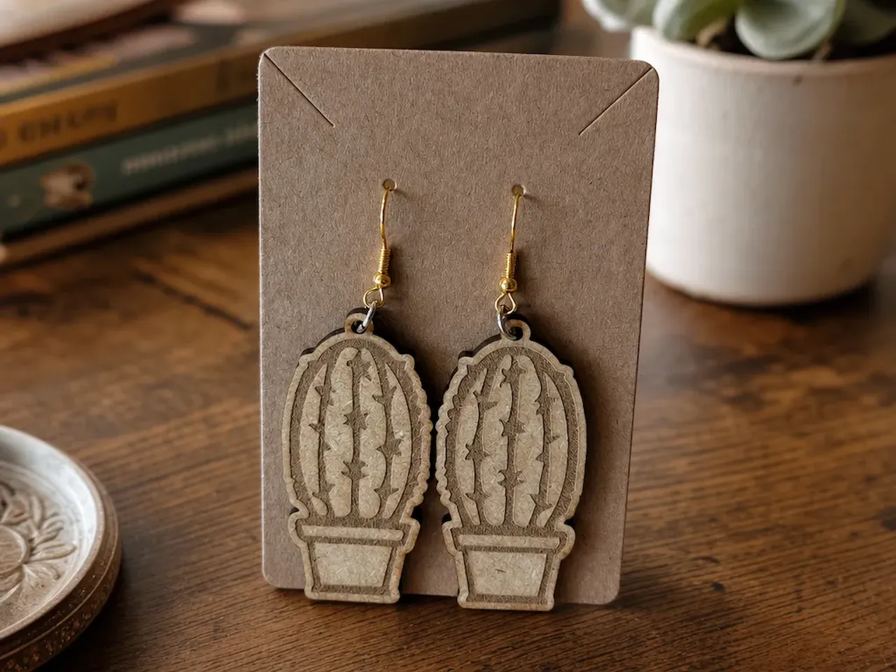 [Laser cut and engrave] Kaktus Ohrringe aus Holz im Topf