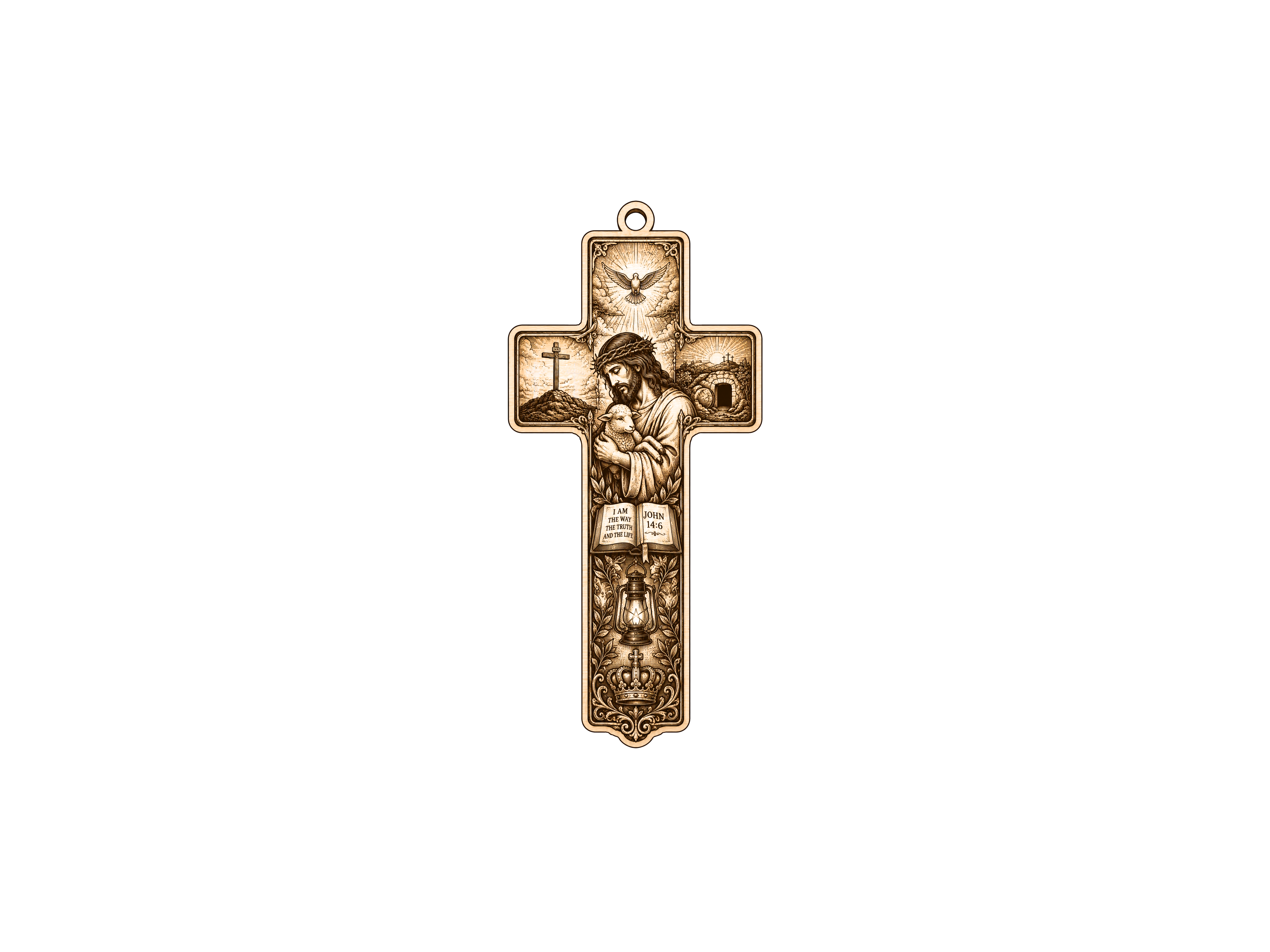 [Laser cut and engrave] Gold Jesus and Lamb Religious Cross Pendant Necklace