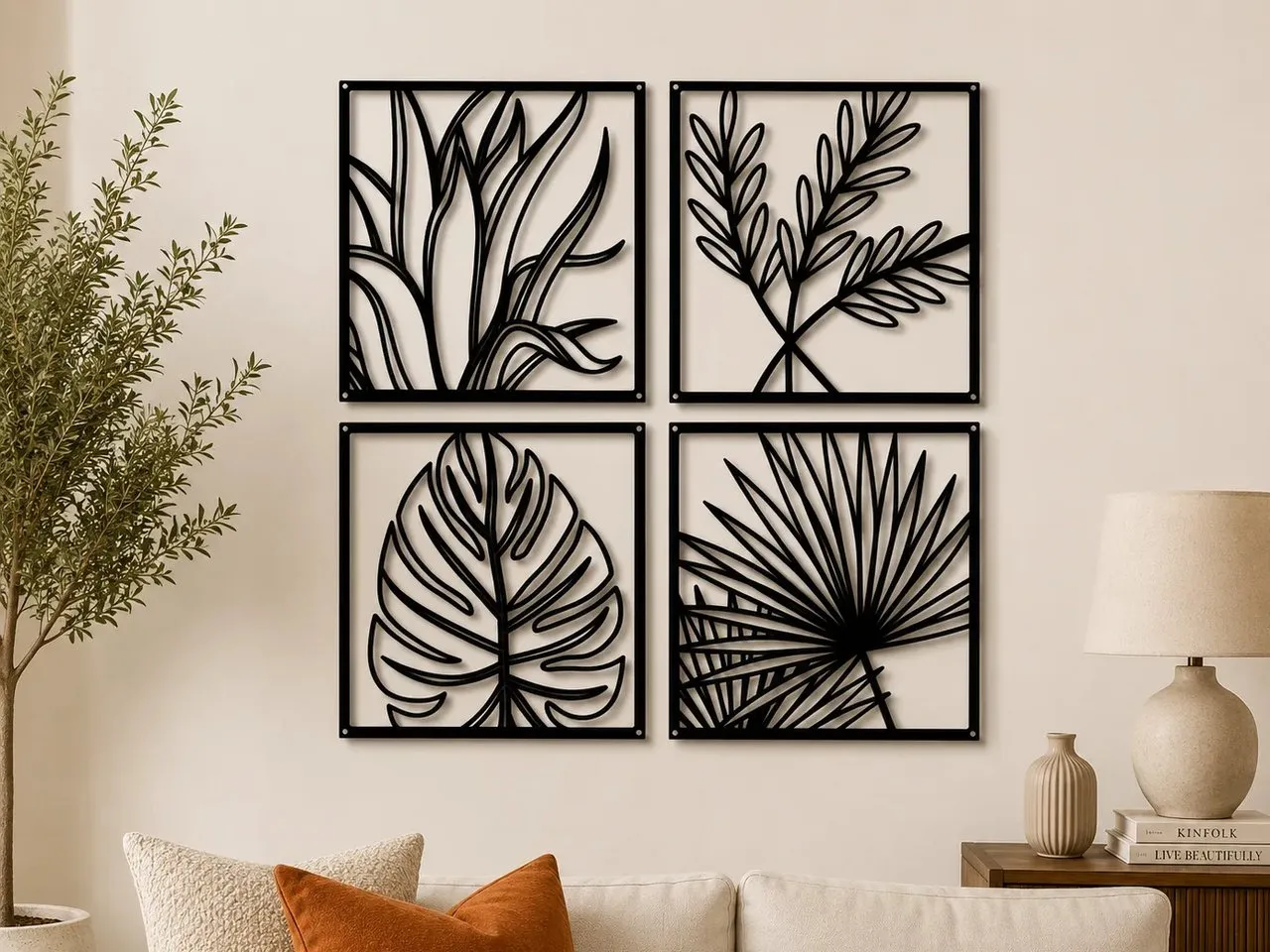 [Laser cut and engrave] Set of Four Square Botanical Leaf Wall Art Panels