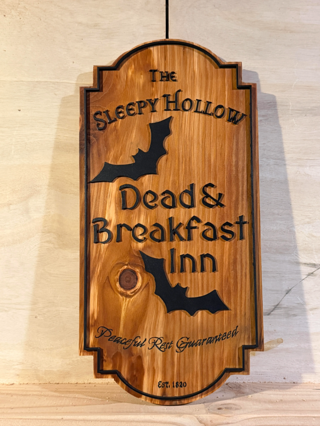 [Laser cut and engrave] Sleepy Hollow Dead and Breakfast Inn Hanging Wooden Porch Sign