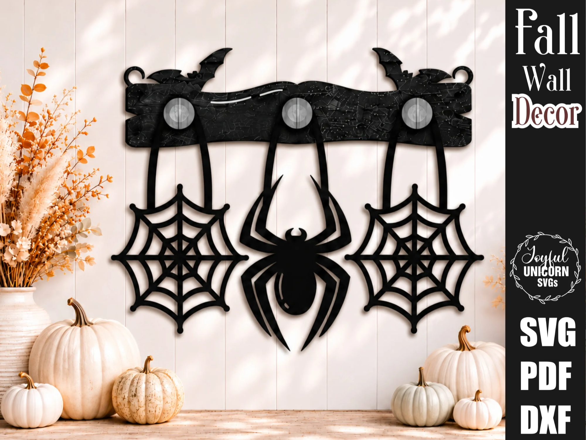 Interchangeable Halloween Wall Decor SVG, Spider Web Wall Peg Hanging Set of 3, Bat Display Bar, Glowforge Laser Cut File