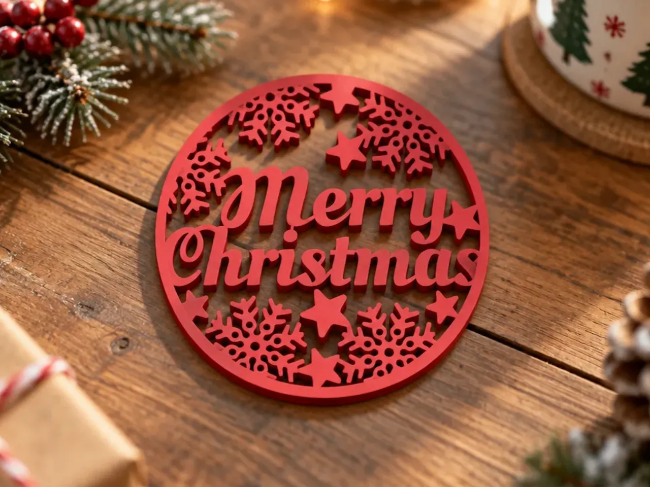 [Laser cut and engrave,Other] Red Merry Christmas Round Ornament with Snowflake and Star Details