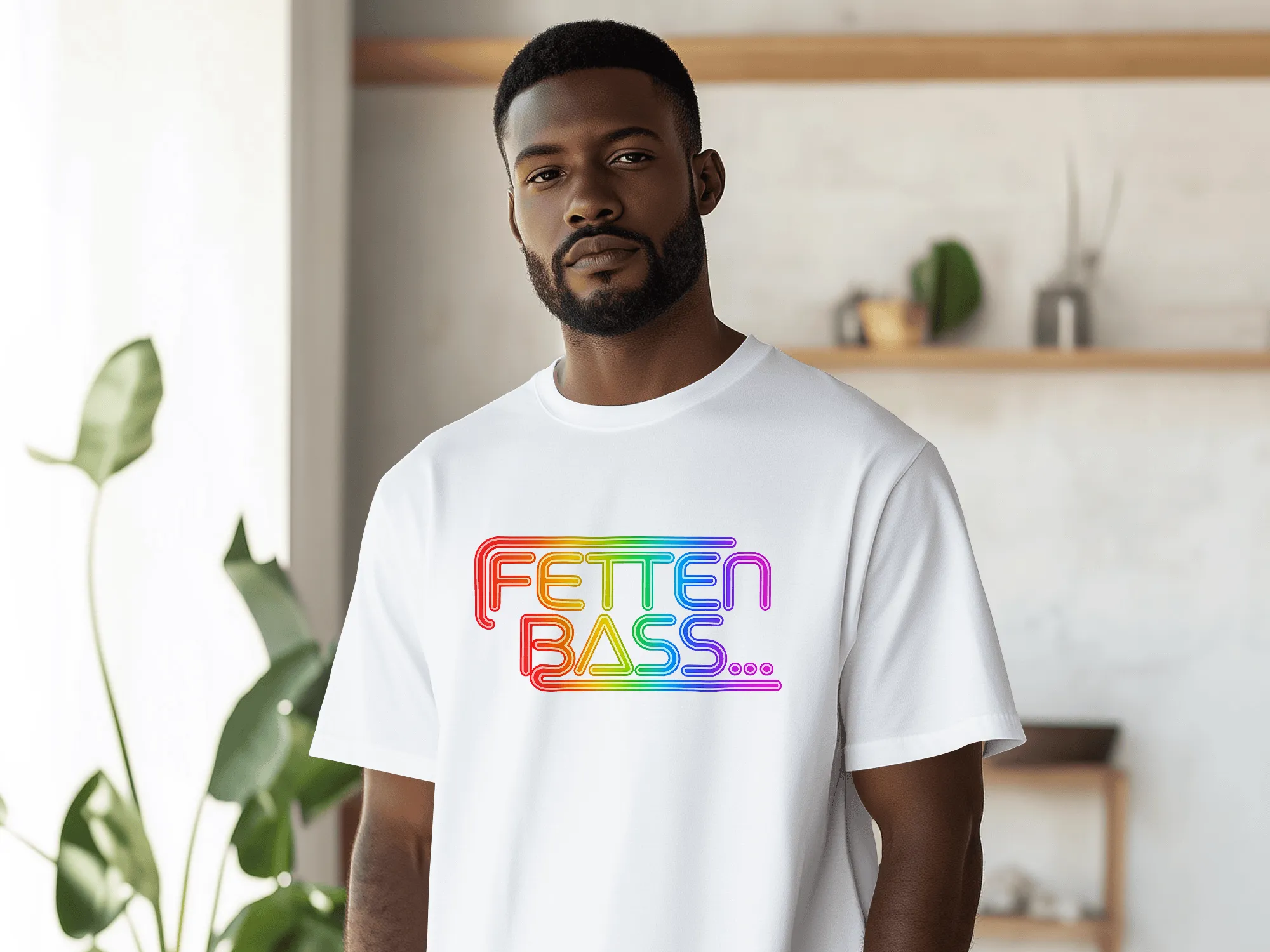 Weißes T-Shirt mit buntem Fetten Bass Schriftzug