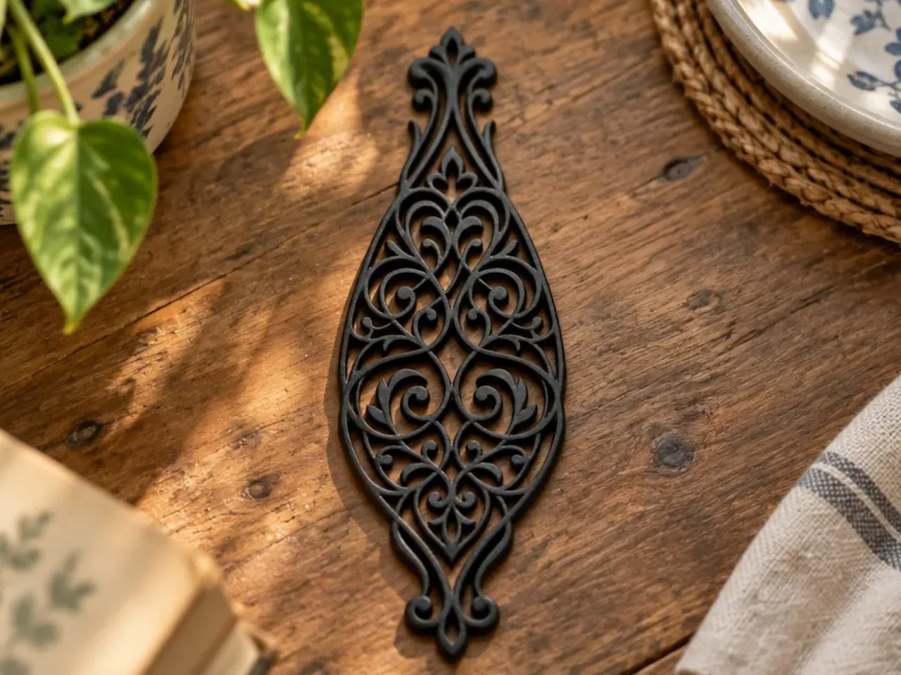 [Laser cut and engrave] Ornement mural noir au motif floral ornemental