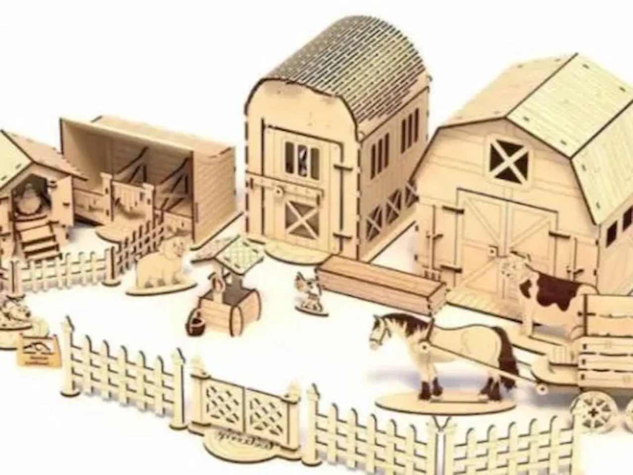 [Laser cut and engrave] Wooden Farm Playset with Barn, Stables, and Animal Figures